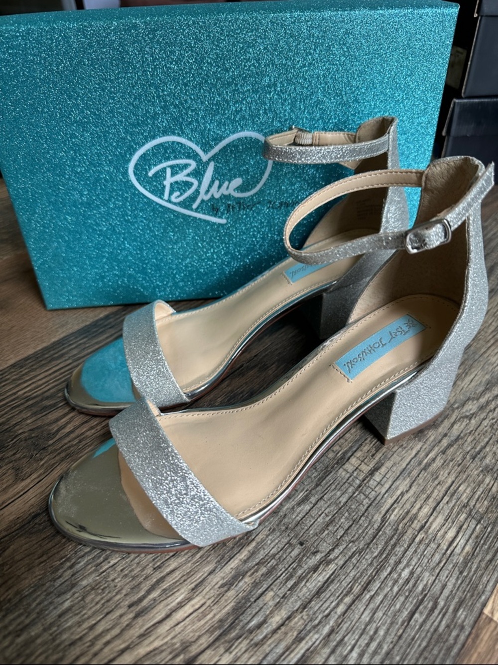 Blue by Betsey Johnson Silver Glitter Block Heel Sandals with Metallic Accent